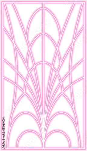 Radiating fan arches extend neon curves outward in layered geometric symmetry influenced by sunburst form.