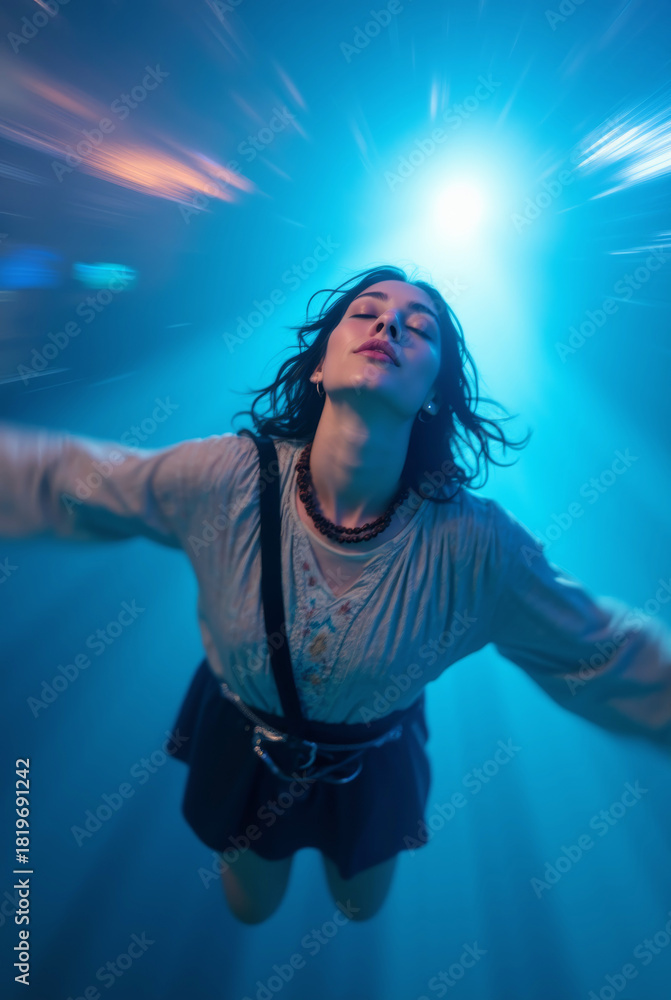 Fototapeta premium Woman Levitating in Surreal Blue Luminous Tunnel