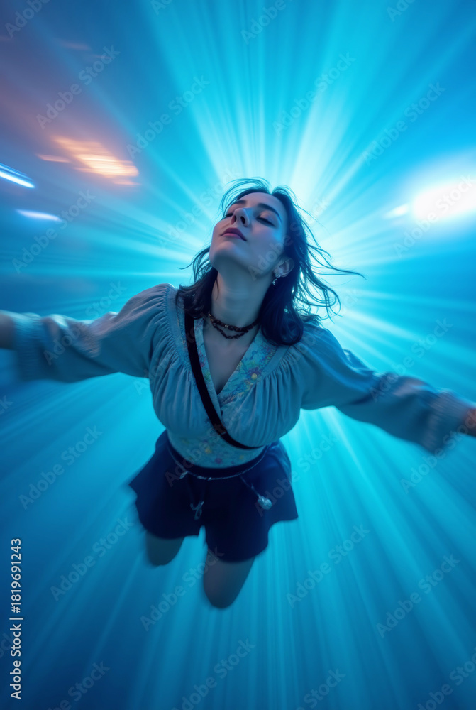 Fototapeta premium Woman Levitating in Surreal Blue Luminous Tunnel