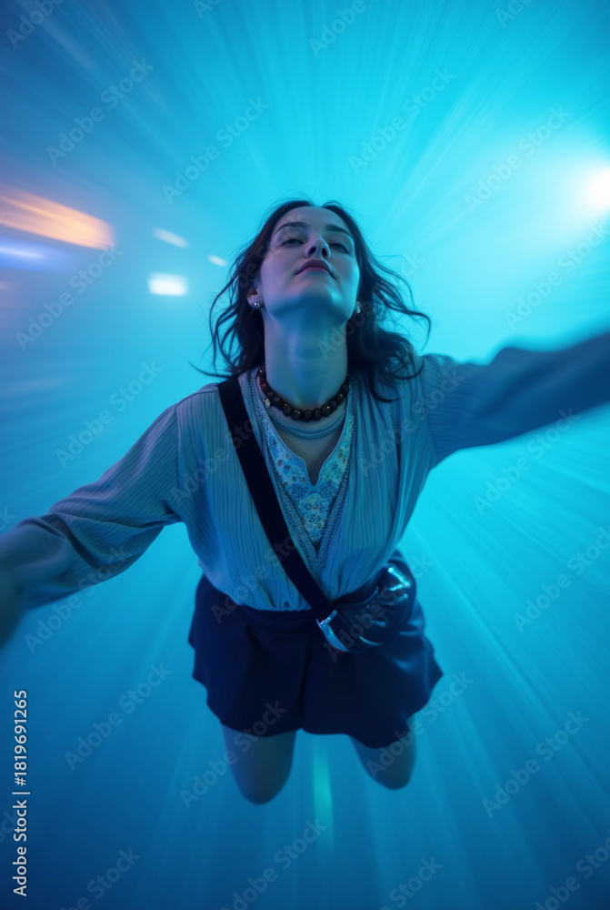 Fototapeta premium Woman Levitating in Surreal Blue Luminous Tunnel