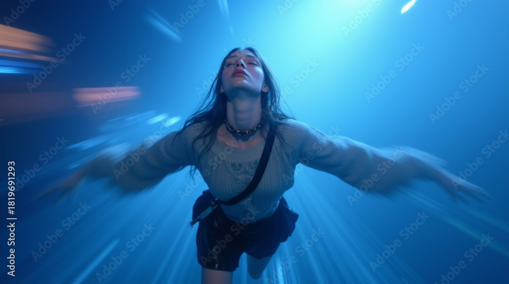 Fototapeta premium Woman Levitating in Surreal Blue Luminous Tunnel