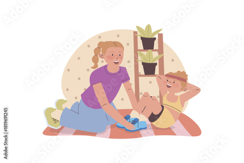 Family sport concept with cartoon people for web design. Mother and daughter doing exercises together at home, practising different workouts, developing strong body and energy. Vector illustration.