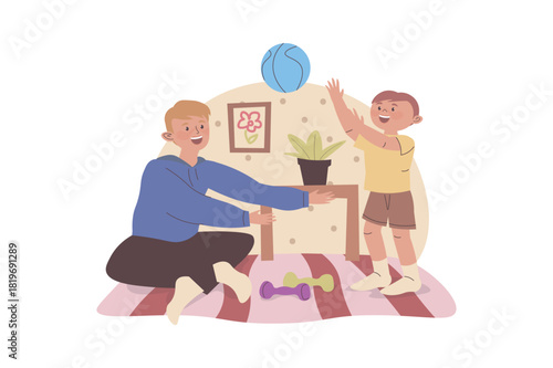 Family sport concept with cartoon people for web design. Father and son doing exercises together at home, training with dumbbells, playing with ball and enjoying team game. Vector illustration.