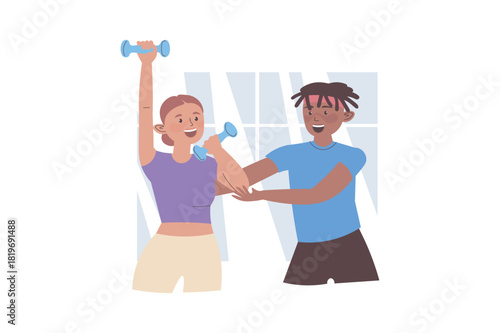 Fitness at gym concept with cartoon people for web design. Woman training with dumbbells and exercising with trainer. Diversity group in sport club bodybuilding with instructor. Vector illustration.