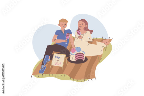Gender party concept with cartoon people for web design. Pregnancy mother with father at baby reveal picnic, cut cake with glasses and show pink pieces, celebrating birth of boy. Vector illustration.