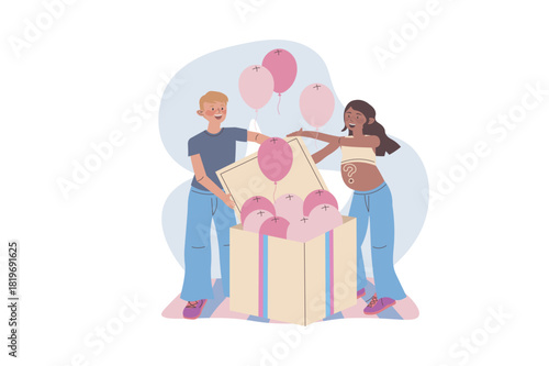 Gender party concept with cartoon people for web design. Pregnancy mother with father at baby shower reveal party, open huge box and pink balloons fly, celebrating birth of girl. Vector illustration.