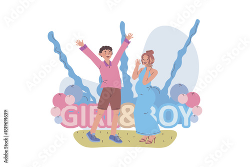 Gender party concept with cartoon people for web design. Pregnancy mother with father at baby shower reveal party, stand in pink and blue balloons, celebrating girl or boy birth. Vector illustration.