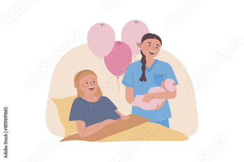 Healthcare concept with cartoon people for web design. Happy young mother lies in hospital room after giving birth to child, nurse holding newborn girl, supporting and caring. Vector illustration.