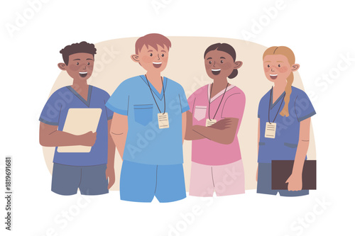 Healthcare concept with cartoon people for web design. Divercity clinic staff standing together. Doctors and nurses working in hospital, take consultation and support to patients. Vector illustration.