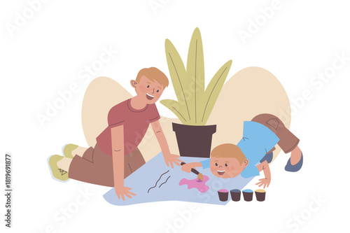 Children learning concept with cartoon people for web design. Father helping his son doing art homework, boy drawing picture and painting with brush, playing with parent at home. Vector illustration.