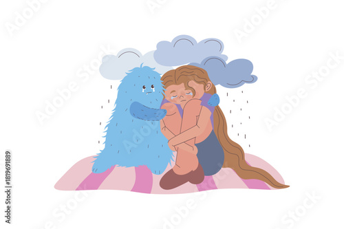 Mindset wellbeing concept with cartoon people for web design. Sad girl with depression cuddling with inner monster mascot in negative emotion, suffering from mental problems. Vector illustration.