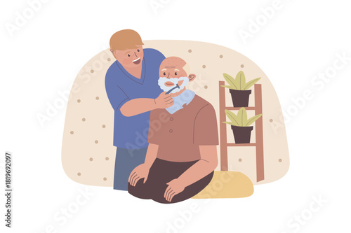 Nursing home concept with cartoon people for web design. Caregiver shaving beard to grandfather, helping with hygiene. Medical staff supporting and taking care elderly patients. Vector illustration.