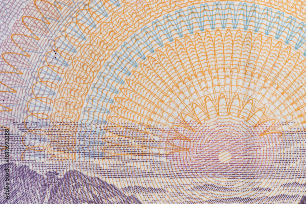 Naklejka premium Extreme Macro Detail of Chinese Yuan Banknote Security Pattern Showing Abstract Sunrise Design