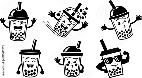 Happy boba tea cups with straws smiling and dancing vector illustration