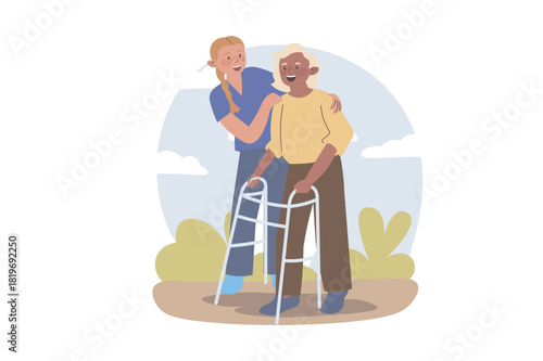 Nursing home concept with cartoon people for web design. Caregiver helping grandmother going outside with walking frame. Medical staff supporting and taking care elderly patients. Vector illustration.