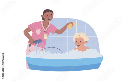Nursing home concept with cartoon people for web design. Caregiver helping grandmother to take bath, wash in bathroom. Medical staff supporting and taking care elderly patients. Vector illustration.