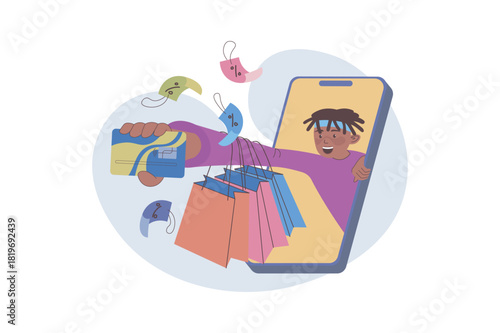 Shopping concept with cartoon people for web design. Happy man with many bags doing online purchases with discount prices and buying with credit card at sales in mobile app. Vector illustration.