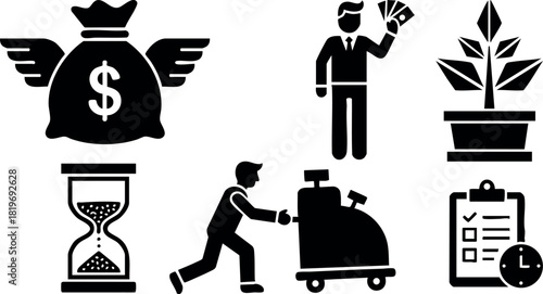 Business finance money growth investment hourglass cash register checklist vector illustration