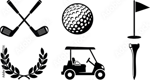 Golf equipment golf ball golf cart golf clubs golf flag and laurel wreath vector illustration