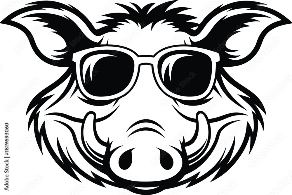 Obraz premium Outlined wild boar face wears sunglasses in a bold, eye catching black and white