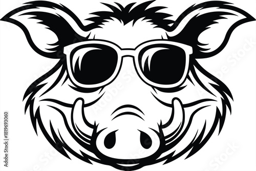 Outlined wild boar face wears sunglasses in a bold, eye catching black and white