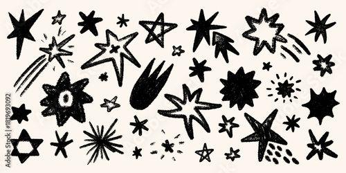 Hand drawn crayon star set with sketch texture in black, including doodle stars, comets and bursts in chalk style. Crayon star illustration with sketch texture. Great for stickers, posters, prints.