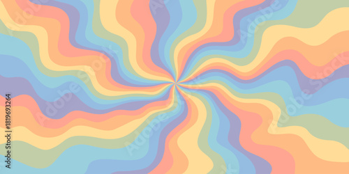 Psychedelic rainbow abstract wavy ray background with pastel colors. Groovy retro swirl design ideal for posters, prints, social media graphics, and creative projects
