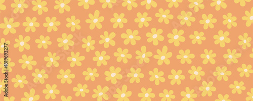 Abstract daisy flower background with yellow chamomile shapes on orange backdrop. Groovy floral design perfect for retro posters, fabric, wrapping paper, and cheerful branding