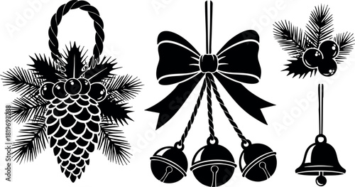 Christmas pine cone bell mistletoe decoration black silhouette vector illustration