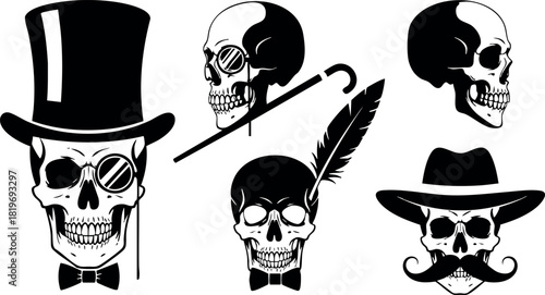 Vintage skulls with hats glasses feather cane and mustache design vector illustration