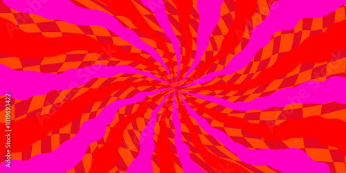Psychedelic groovy background with red, pink, and orange checkered rays swirling in abstract motion. Groovy checkered pattern with hypnotic radial effect. Vector illustration