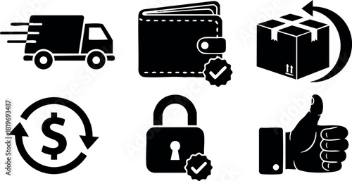 Delivery truck wallet lock dollar box thumb up security payment vector icons set