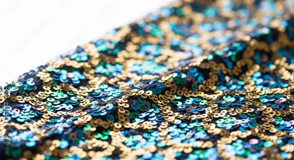 Obraz premium Colorful sequin fabric with intricate pattern and shimmering texture, concept of copy space 