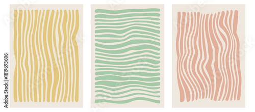 Abstract groovy retro background set. Vintage waves, stripes, swirl, twirl pattern. Twisted and distorted vector texture. Illustration in trendy retro psychedelic style for for wallpapers, posters.