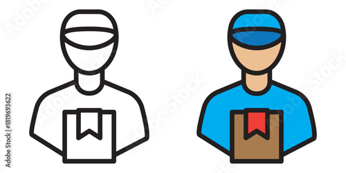 Delivery man icon set in line and solid style. Courier, parcel, and fast shipping symbols for logistics and delivery services. Line icons with editable stroke, isolated on transparent background.