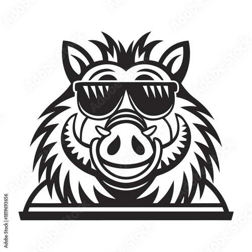 Stylized hog head wearing sunglasses shows cool attitude in bold black silhouette