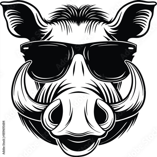 Wild boar with tusks wears cool sunglasses in a bold black and white graphic