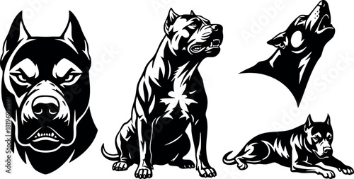 Black and white pitbull dog vector illustration showing head profile sitting howling and lying poses