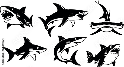 Shark vector illustration set with various black silhouette designs sea creatures ocean wildlife collection