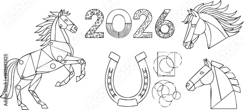Horse head horse full body horseshoe and 2026 numbers vector line art illustration