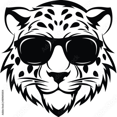 Stylized leopard head wears sunglasses, displaying a cool and fashionable demeanor in black and white