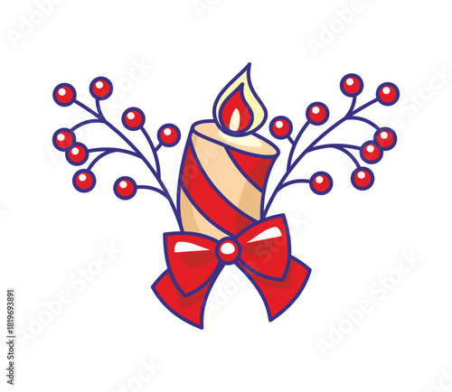 A beautifully designed candle wrapped in a red ribbon, adorned with cheerful holly berries. This charming decoration captures the spirit of Christmas, creating a warm and inviting atmosphere