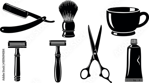 Barbershop tools set shaving brush razor scissors cup tube black silhouette vector illustration