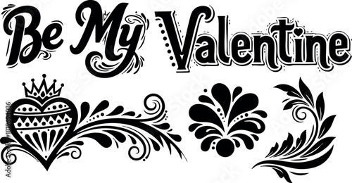 Valentine decorative heart with crown floral swirl ornamental design vector illustration black and white vintage style romantic love greeting card