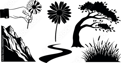 Hand holding flower with mountain tree and grass vector illustration in black and white style