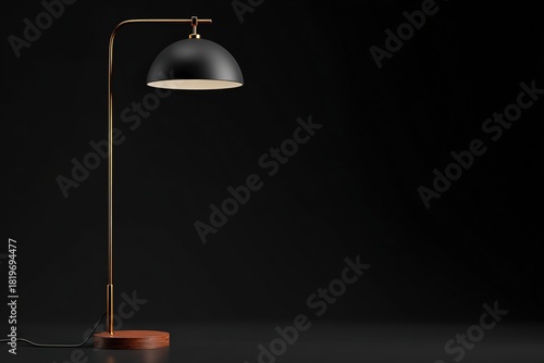 Modern floor lamp with matte black dome shade brass stem and walnut circular base