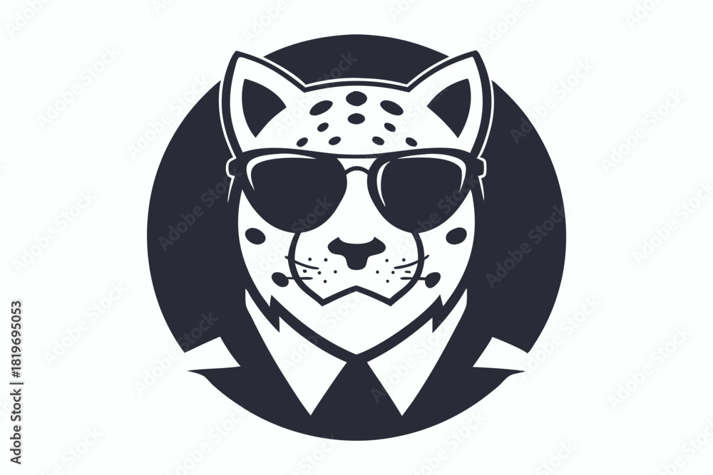 Obraz premium Spotted jaguar wearing sunglasses and a formal suit looks cool against a dark circle