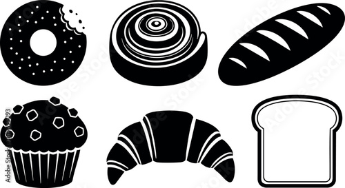 Black and white icons of various bakery bread and pastry items vector illustration