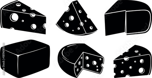 Various types of cheese vector illustration in black and white simple style with holes and solid shapes