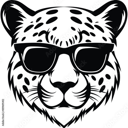 Sleek black and white cheetah head sports sunglasses, conveying coolness and style